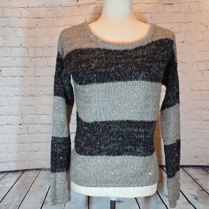 LOFT Women's Sweater in Gray and Black Stripes With Sequins